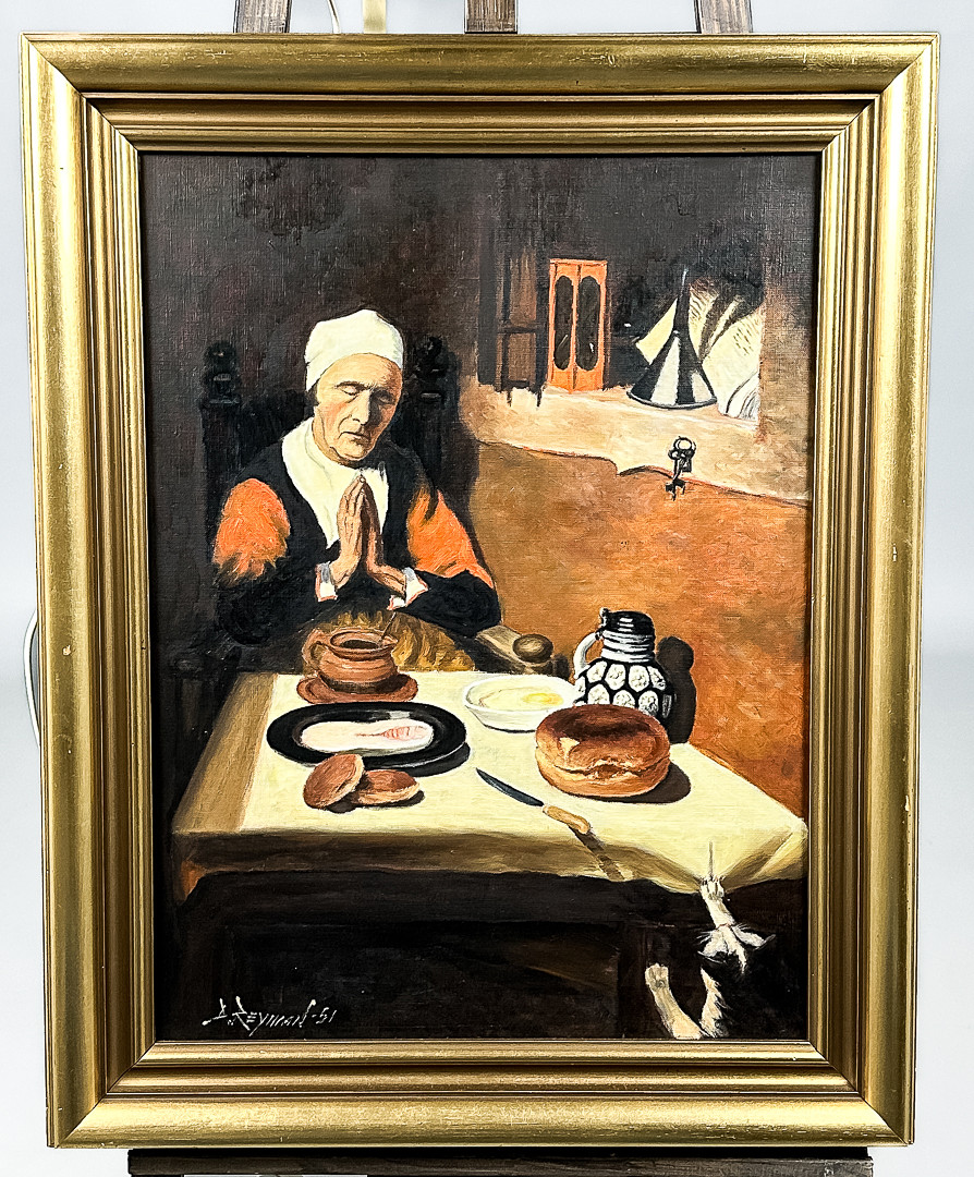 NICOLAS MAES. EFTER. "Bordsbönen". Signerad Reyman -51. Olja på Duk.