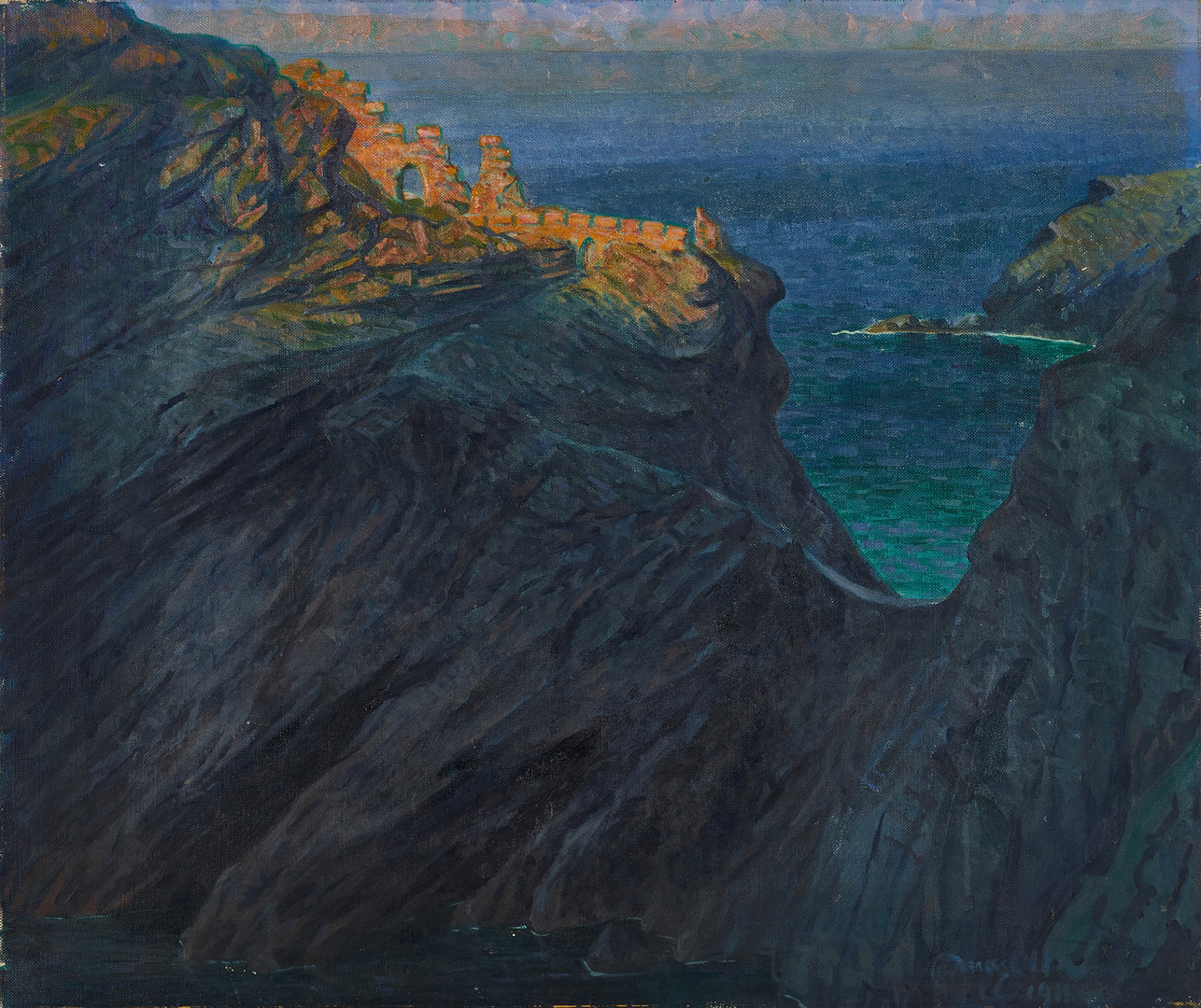 OIDENTIFIERAD KONSTNÄR. Kustvy med ruin, sannolikt motiv från Capri, signerad och daterad 1911, olja på duk.