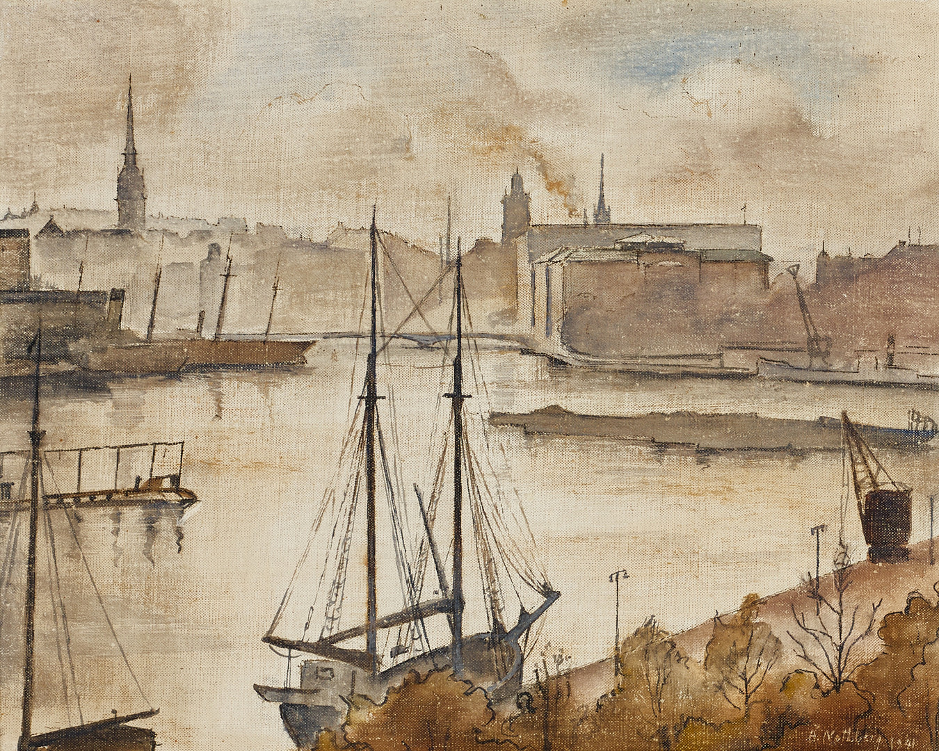 ÅKE NOTHBERG (1893-1973), Vy över Nationalmuseet och gamla stan från Strandvägen, olja på duk, ställd på pannå.