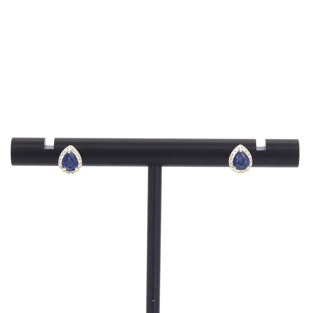 9CT PEAR CUT SAPPHIRE AND DIAMOND EARRINGS.