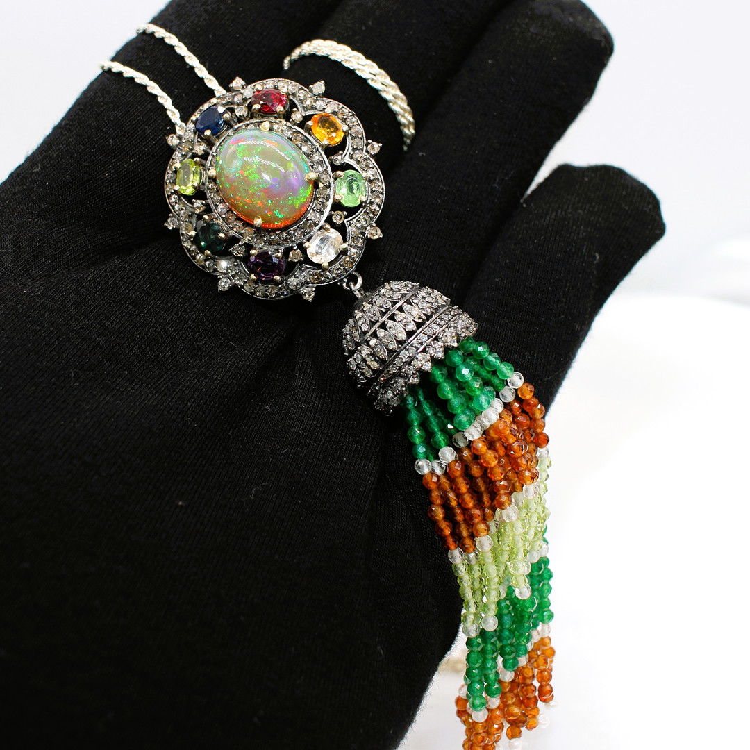 OPAL, SAPPHIRE & DIAMOND CHANDELIER NECKLACE.