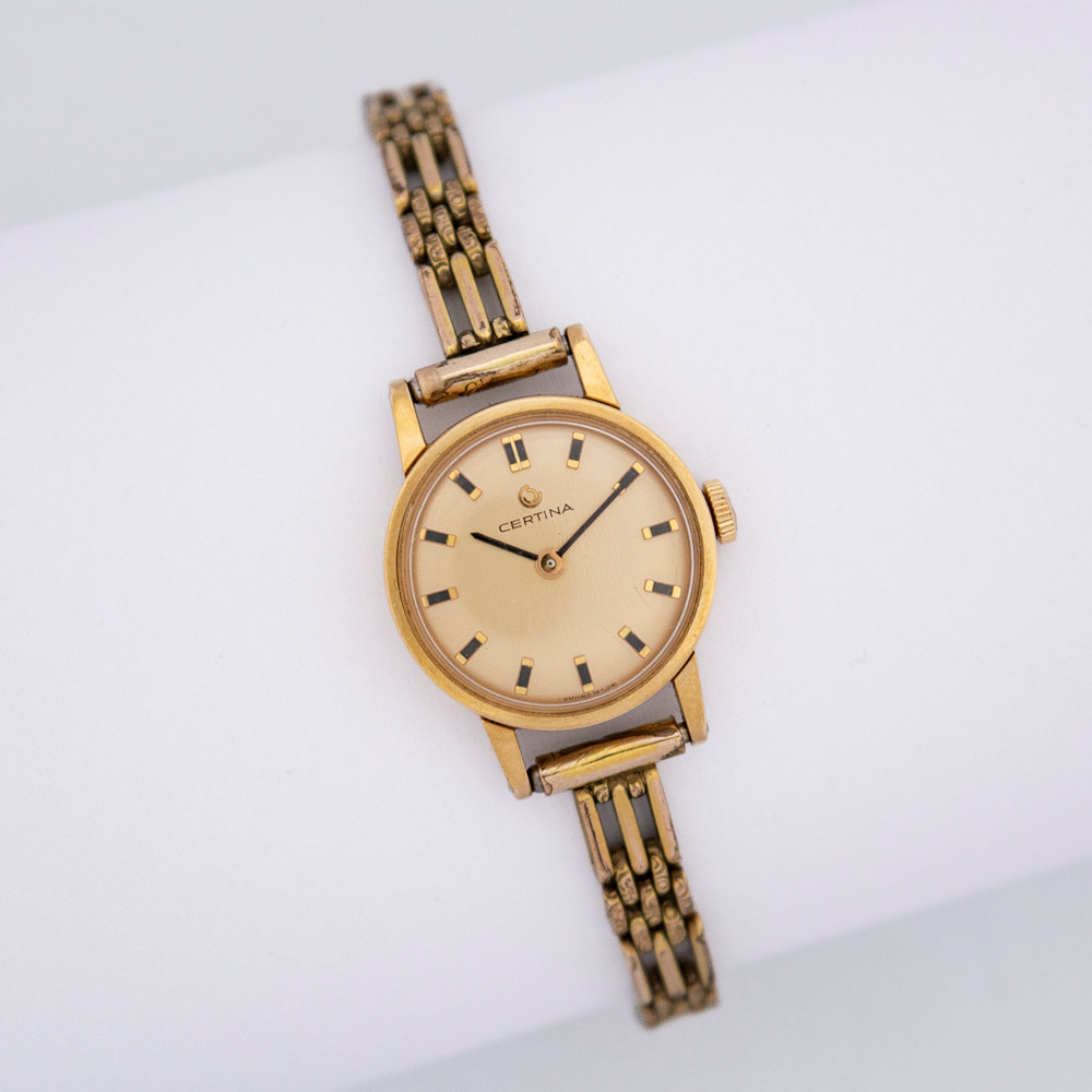 CERTINA DAMENUHR, AMERICAN GOLD DOUBLE GEHÄUSE, HANDAUFZUG, 1950ER JAHRE, AMERICAN GOLD DOUBLE METALLARMBAND.