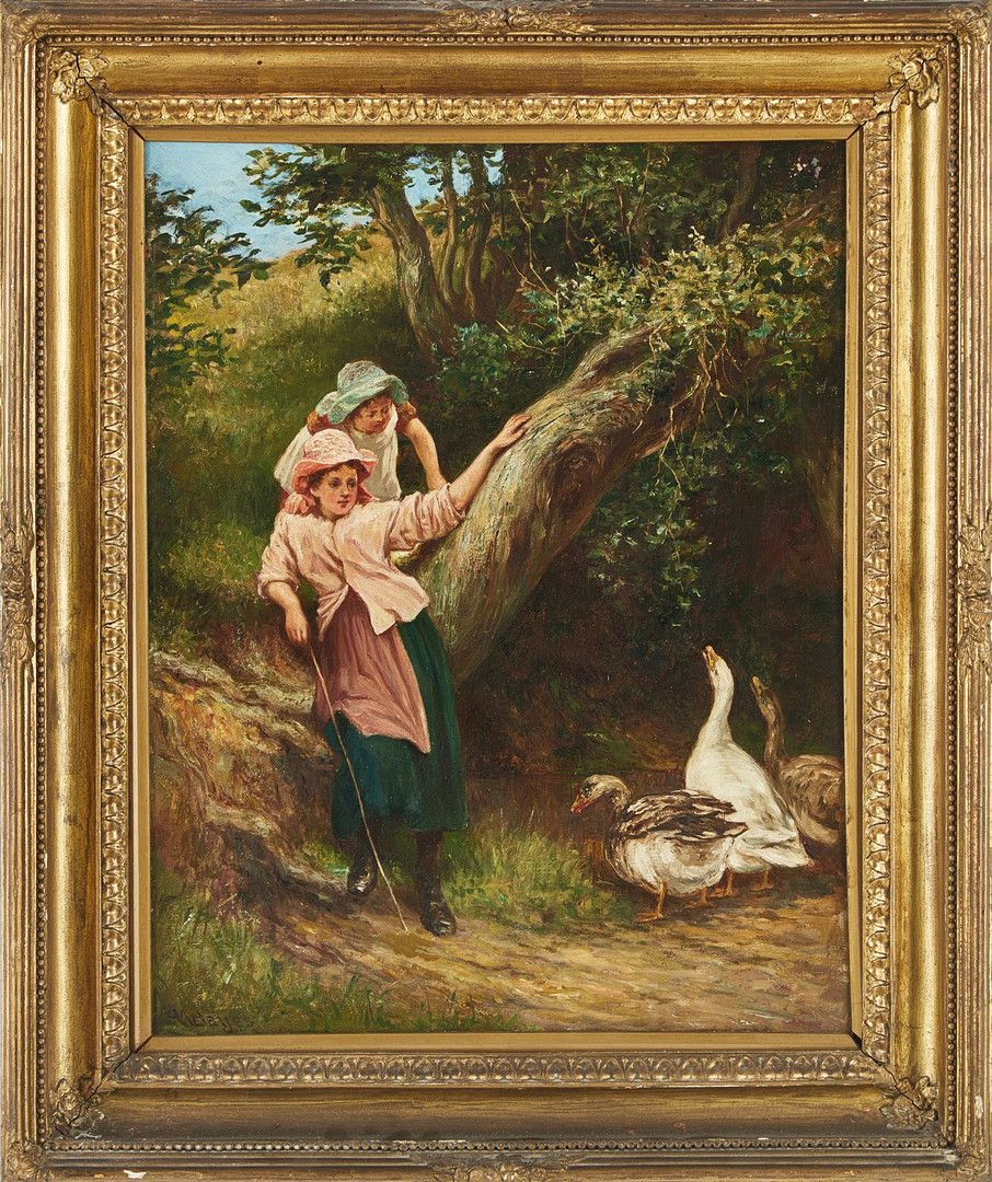 OIDENTIFIERAD KONSTNÄR. 1800-tal, Gåsapigorna, olja på duk fäst pannå, signerad.