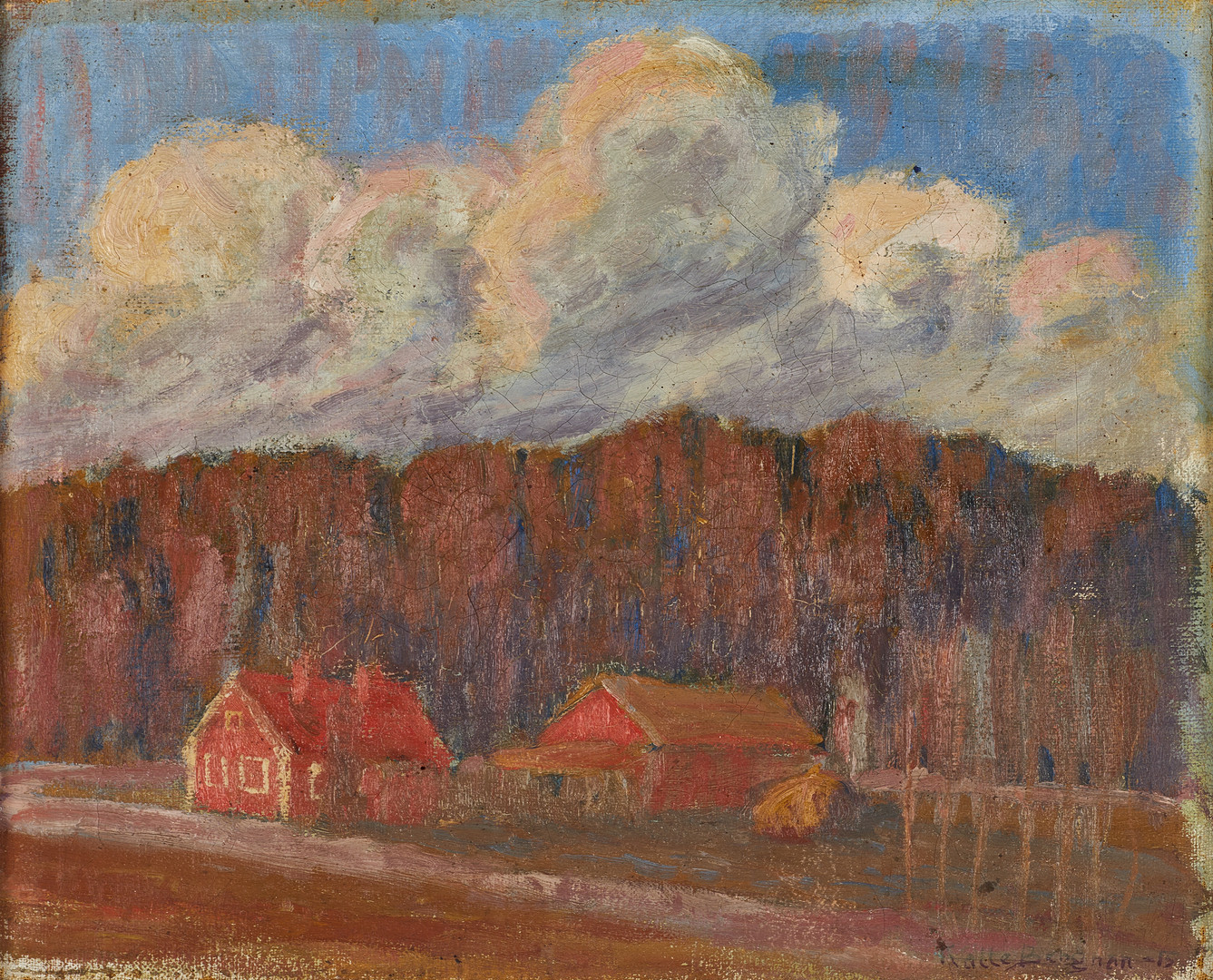 KARL BERGMAN (1891-1965), Röda hus med skog, signerad och daterad Kalle Bergman -15, olja på duk.
