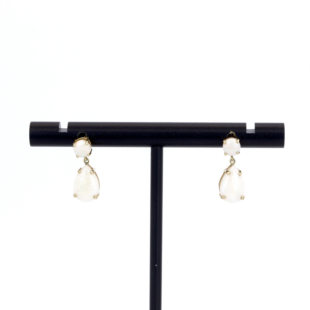 9CT GOLD OPAL DROP EARRINGS.
