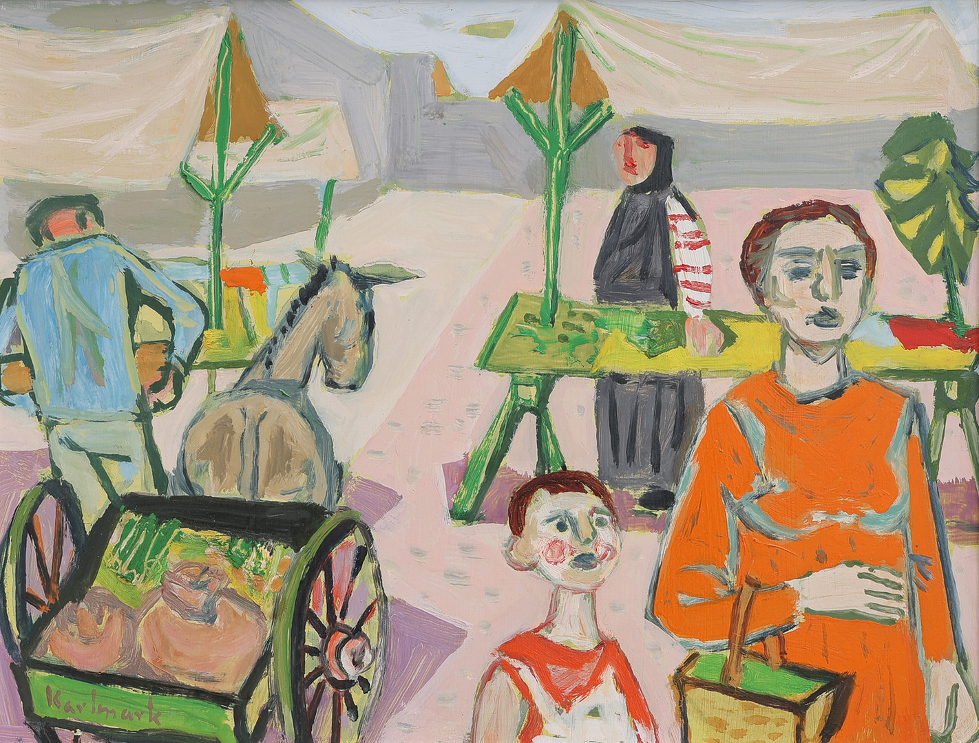 GERHARD KARLMARK. OLJA PÅ PANNÅ, TORGHANDEL, SIGNERAD.
