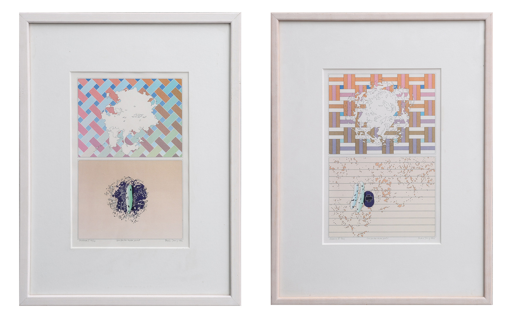 HOLGER BÄCKSTRÖM (1939-1997) OCH BO LJUNGBERG (1939-2007). TVÅ COMPUTER LASER PRINTS, "SHOOWA I & SHOOWA II", SIGNERADE, NUMRERADE 48/110 RESP. 3/110, DATERADE 1992.