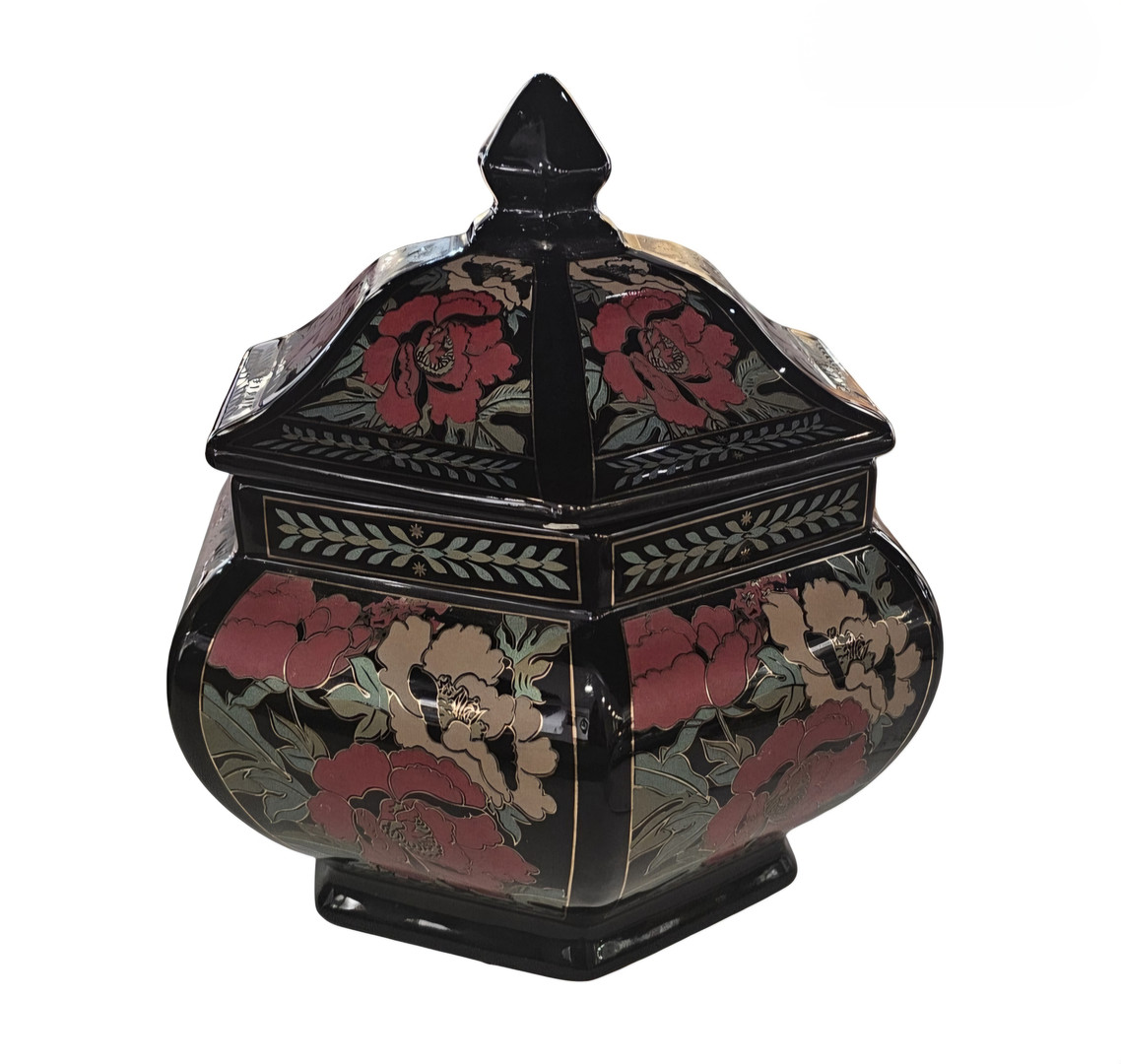 Tibor estilo oriental en cerámica esmaltada con motivos florales.