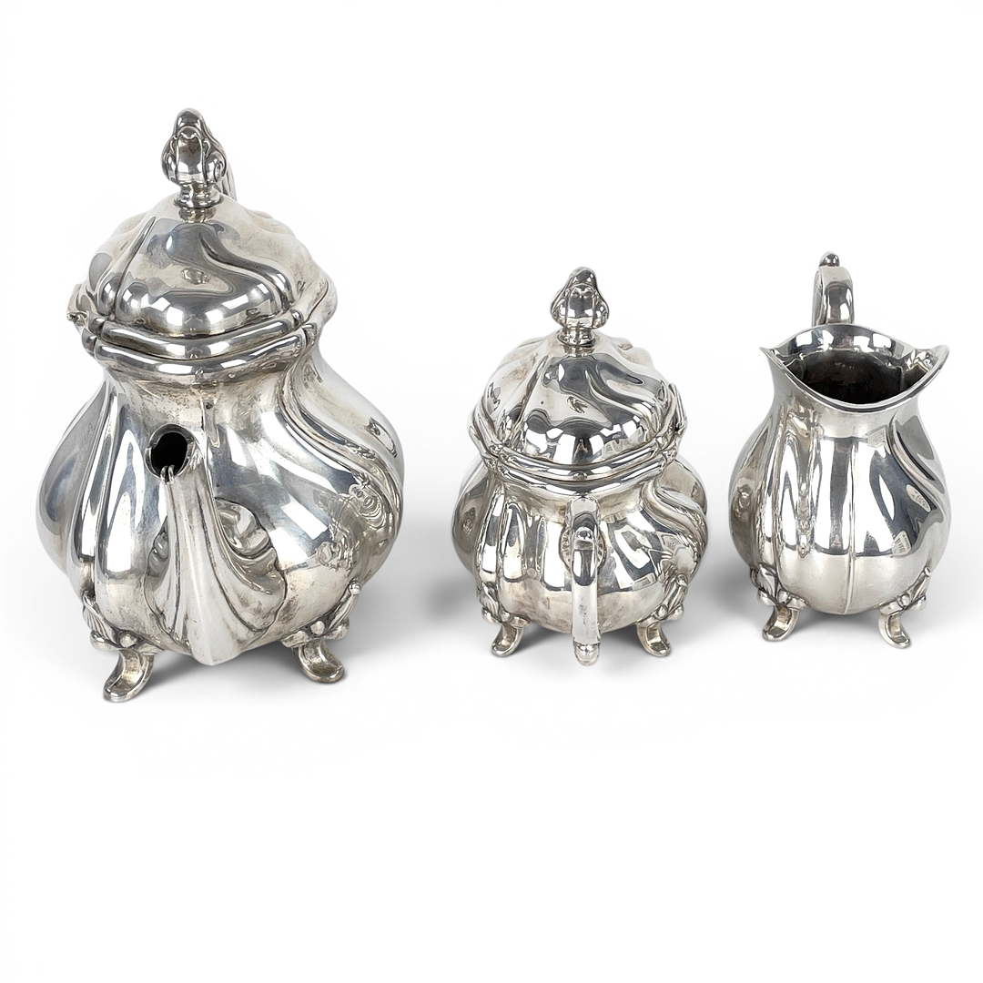 KAFFESERVIS, silver, 3 delar, Lutz & Weiß GmbH, Pforzheim, rokokostil, Tyskland. Svensk importstämpel.