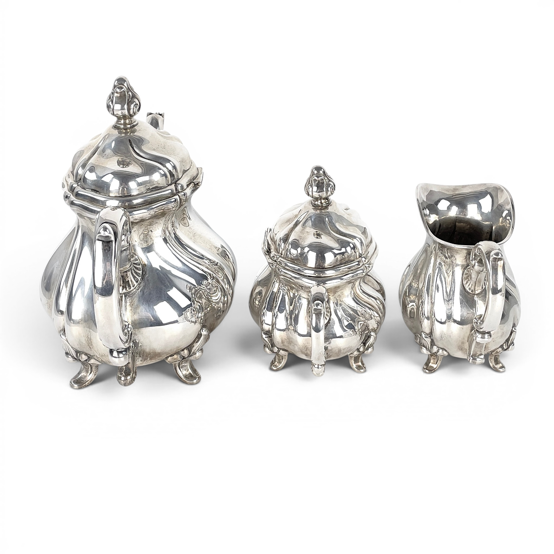 KAFFESERVIS, silver, 3 delar, Lutz & Weiß GmbH, Pforzheim, rokokostil, Tyskland. Svensk importstämpel.