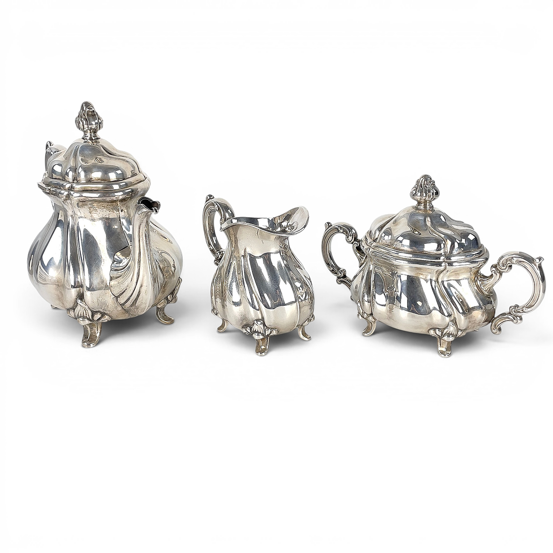 KAFFESERVIS, silver, 3 delar, Lutz & Weiß GmbH, Pforzheim, rokokostil, Tyskland. Svensk importstämpel.