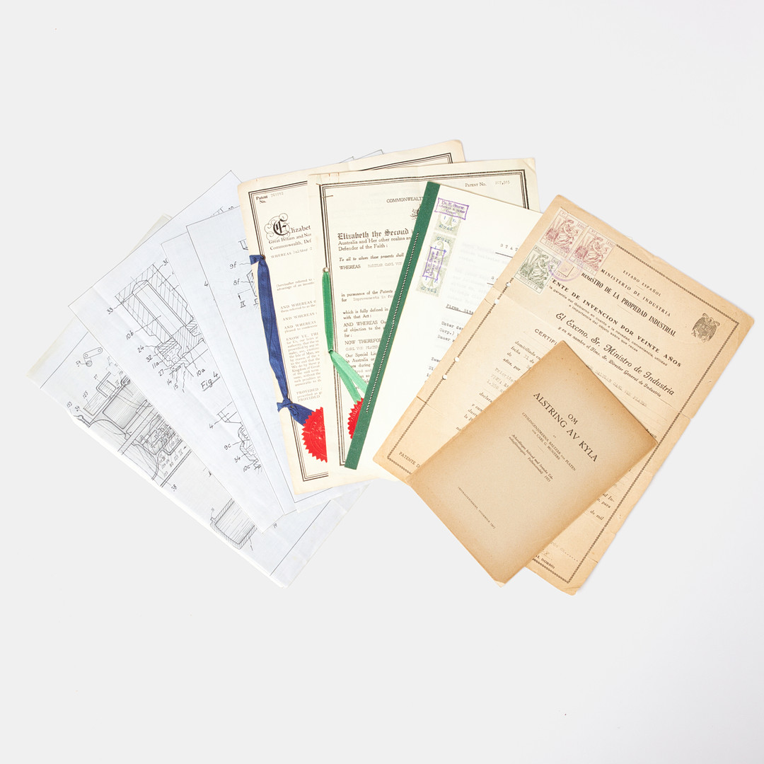 PATENTBREV, Baltzar Carl von Platen (1898-1984) patentbrev för förbättring av reservoarpennor samt konstruktionsritningar och katalog för termostatventiler m.m.
