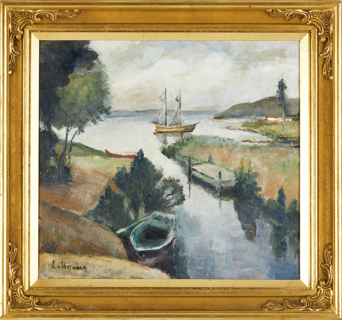 CARL LUTHANDER (1879-1967). Segerbåt i hamn, signerad, olja på duk.