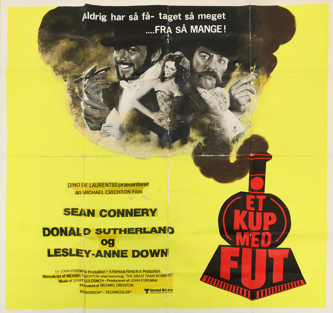 Stor original biografplakat fra filmen 'The Great Train Robbery' på dansk 'Et kup med fut i' fra 1978.