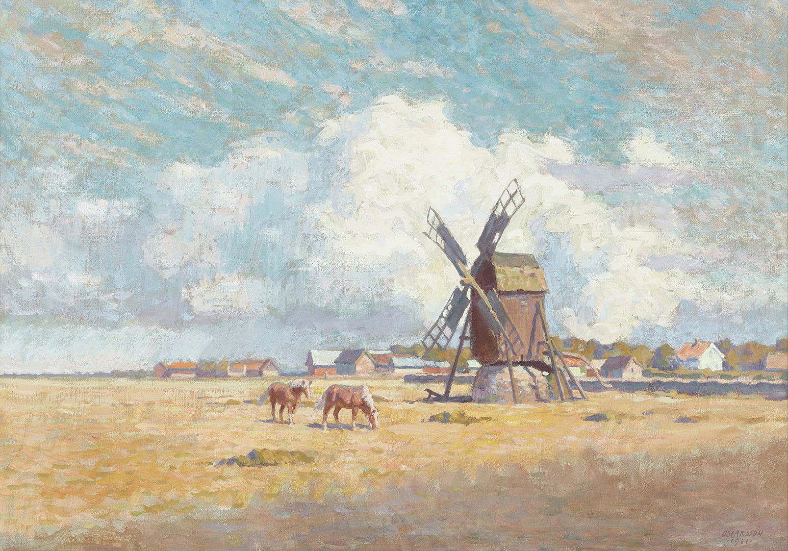 BERNHARD OSCARSSON (1894–1977), Hästar och väderkvarn, Öland, signerad och daterad 1961, olja/tempera på duk.