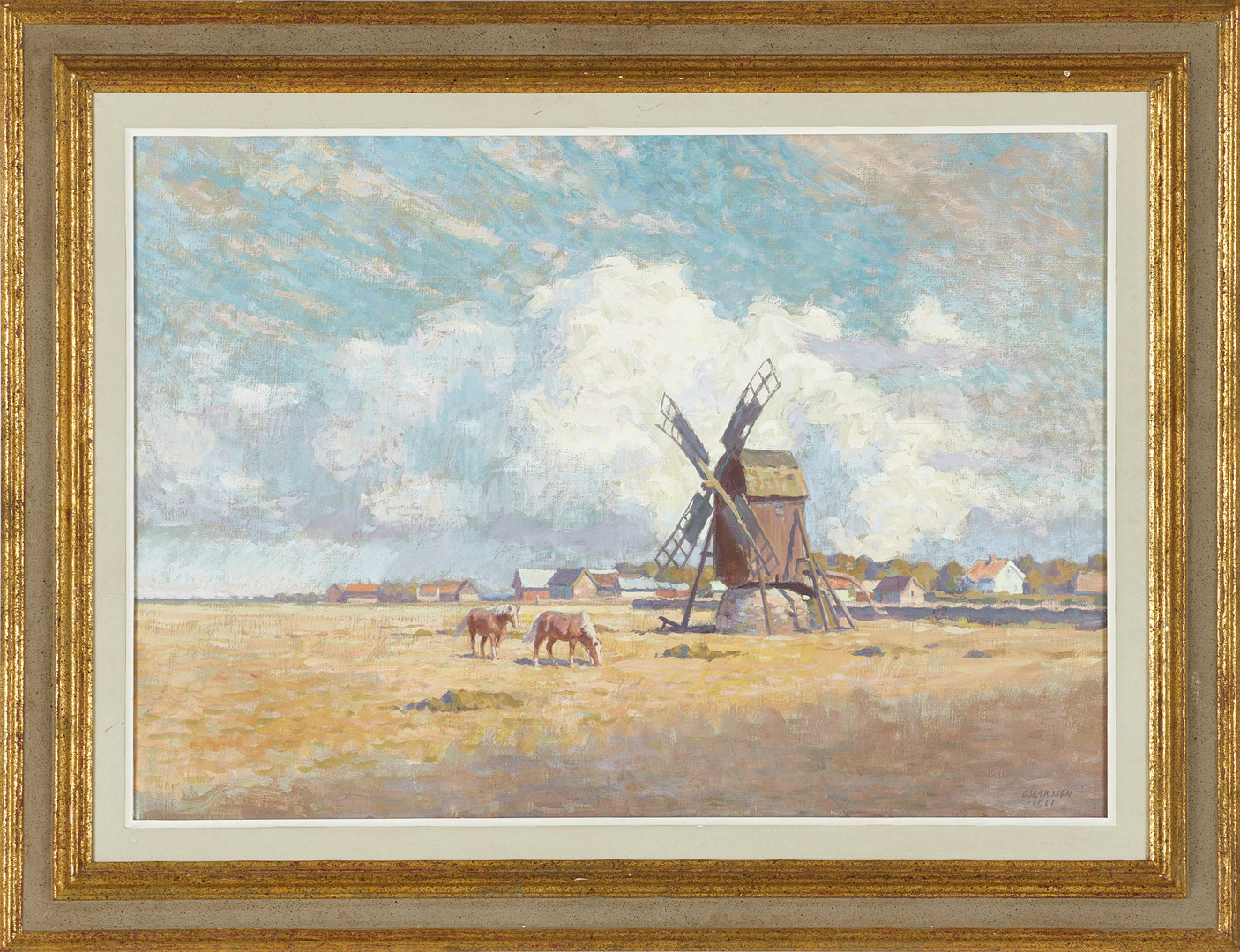 BERNHARD OSCARSSON (1894–1977), Hästar och väderkvarn, Öland, signerad och daterad 1961, olja/tempera på duk.
