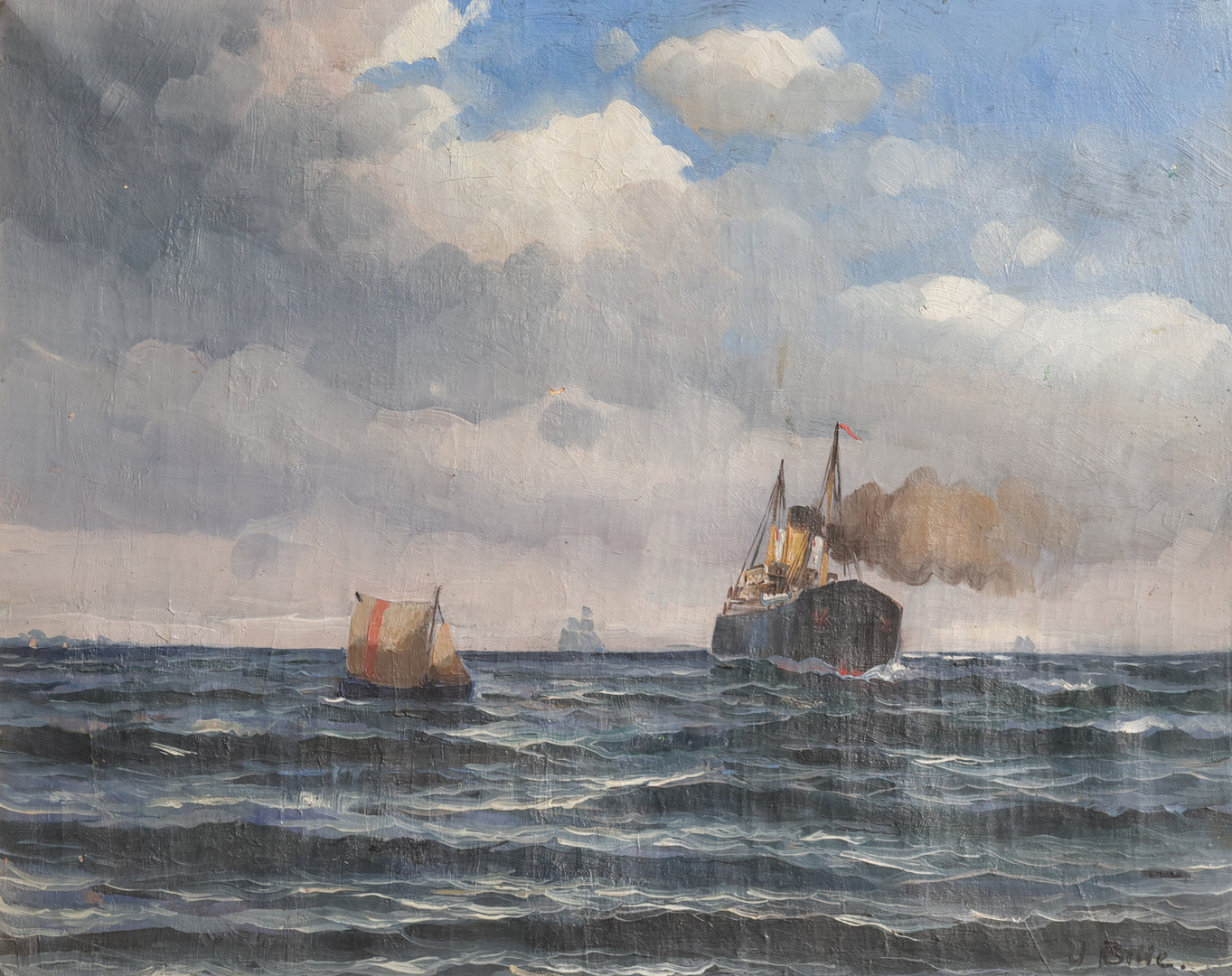 WILLY BILLE (F. FREDERIKSBERG 1889, D. KØBENHAVN 1944). Marine med sejlskibe, båd og dampskib. Sign. V. Bille. Olie på lærred.