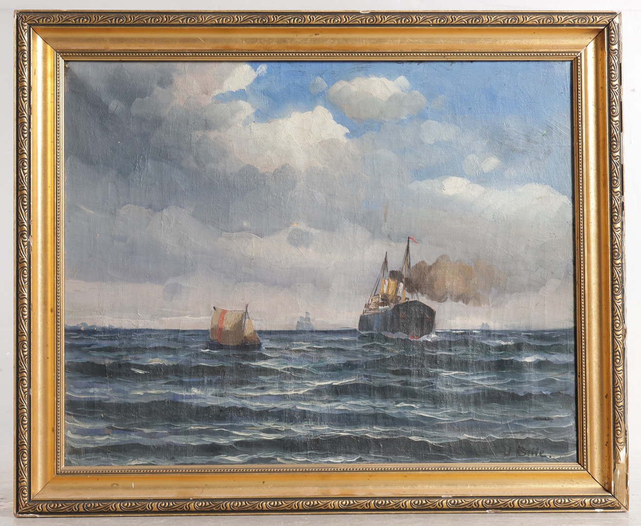 WILLY BILLE (F. FREDERIKSBERG 1889, D. KØBENHAVN 1944). Marine med sejlskibe, båd og dampskib. Sign. V. Bille. Olie på lærred.