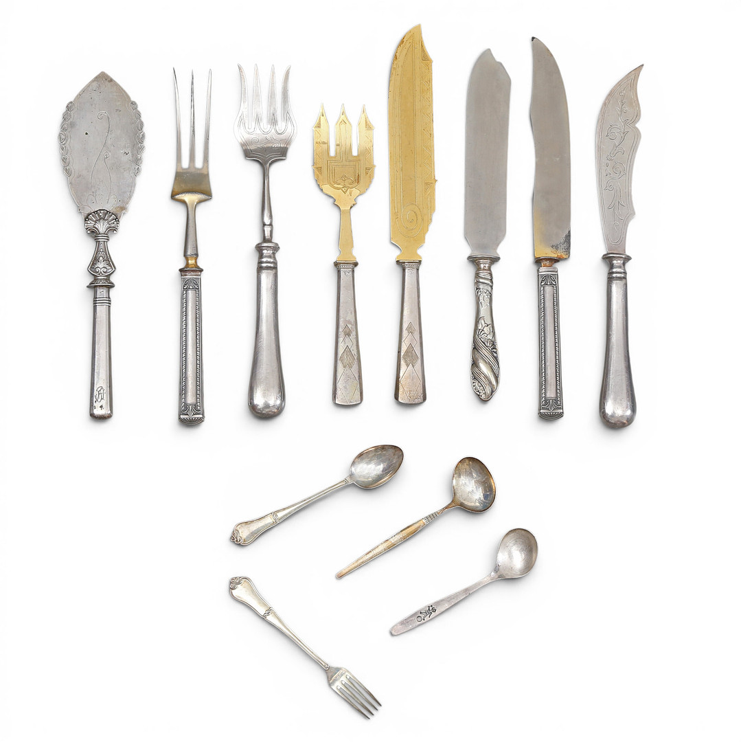 Various silver and silvery metal cutlery items, 20th Century.
