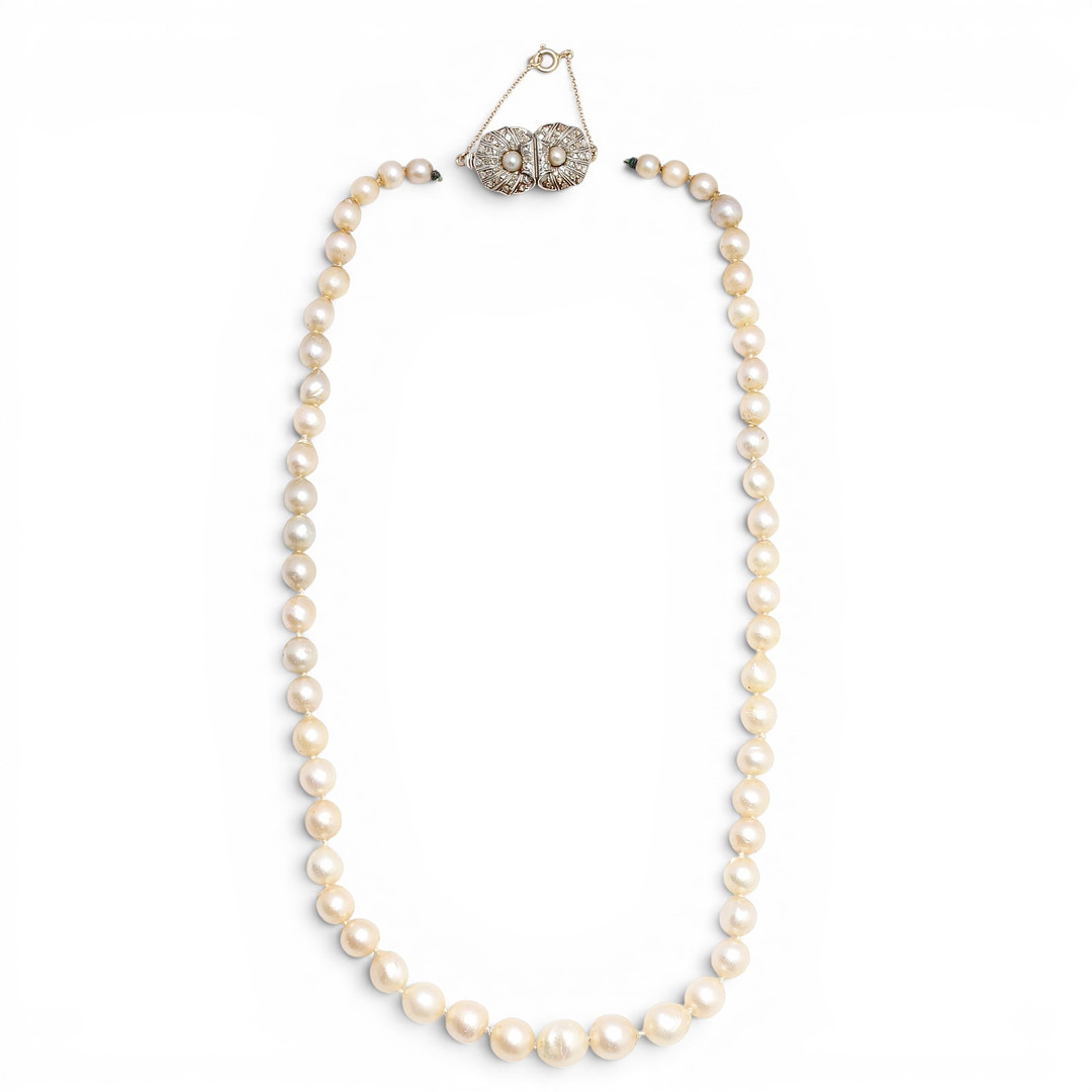 Art Deco pearls choker with diamonds shell-style clasp, circa 1930.