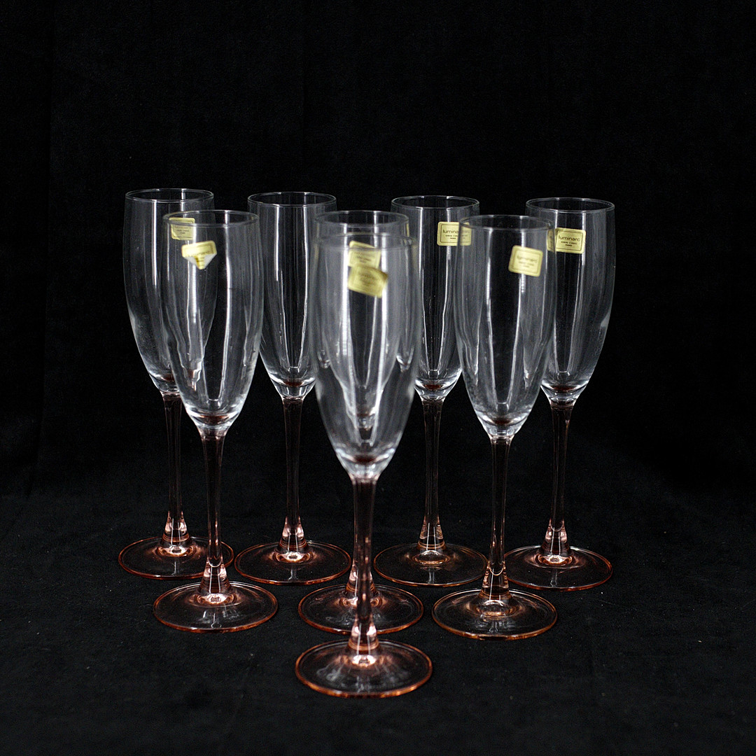 Champagneglas, 6 st, rosatonad fot, Luminarc, Frankrike.