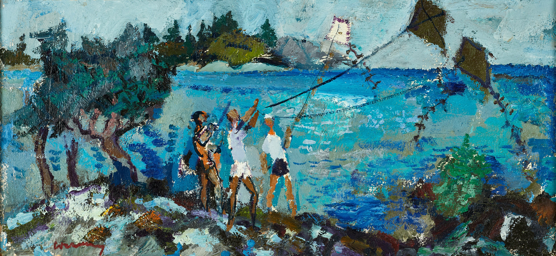 BERTIL WAHLBERG (1923-1980). Drakflygning på skärgårdsklippa, signerad, olja på pappannå.