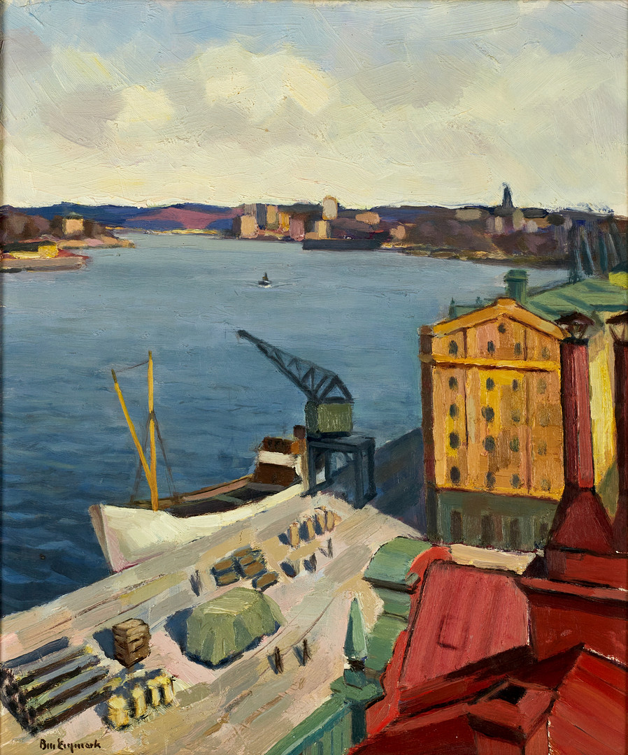 OIDENTIFIERAD KONSTNÄR. Vy över Stadsgårdskajen och Stockholm inlopp, signerad B? Engmark, olja på pannå.