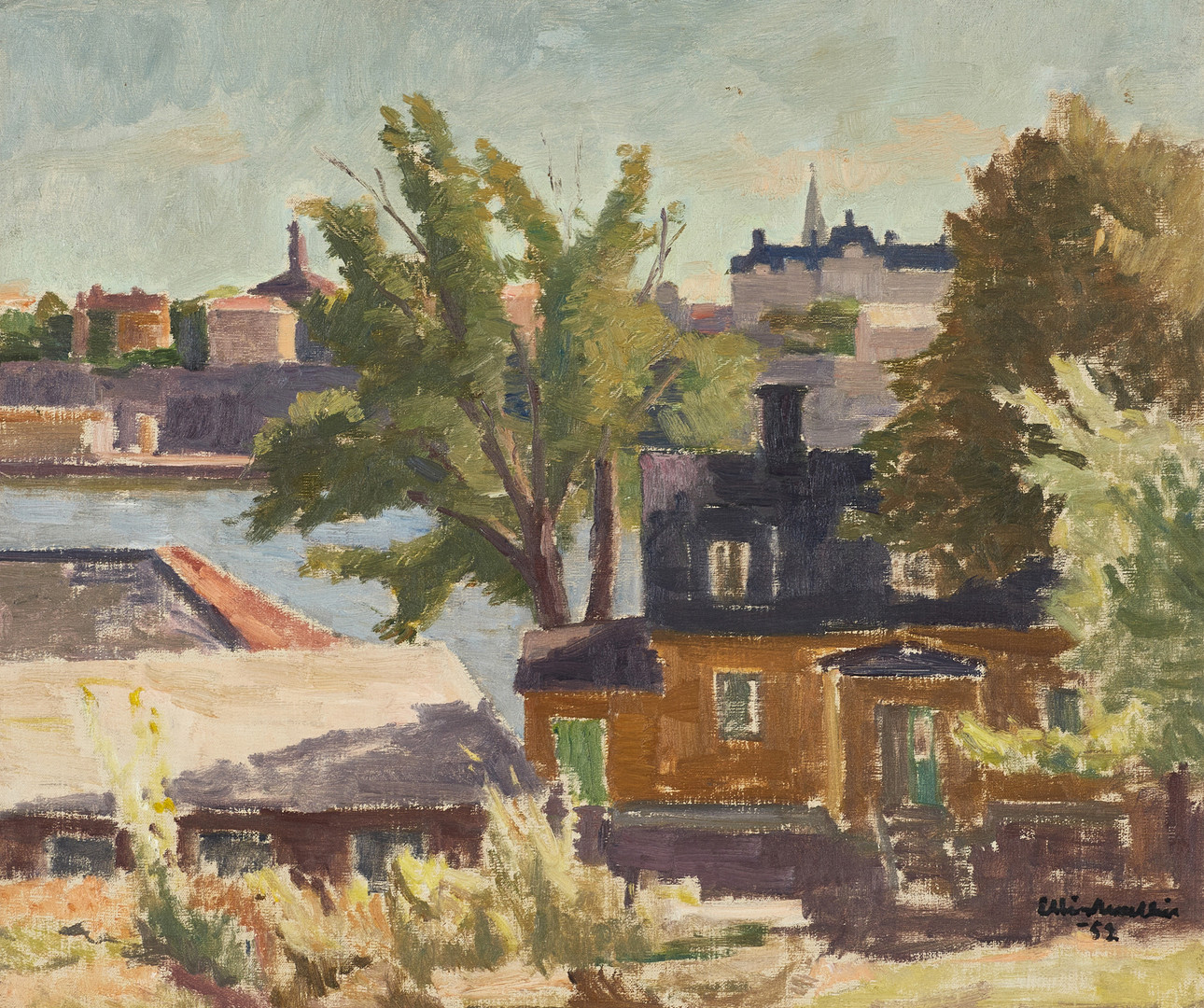 ELLIS WALLIN. "Gamla träd och hus", signerad, daterad -52, olja på duk.