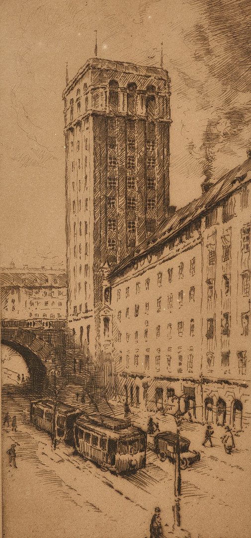 EMIL HÄLLGREN (1889–1944). "Babel", (Kungstornen, Stockholm), signerad och daterad 1923, etsning.