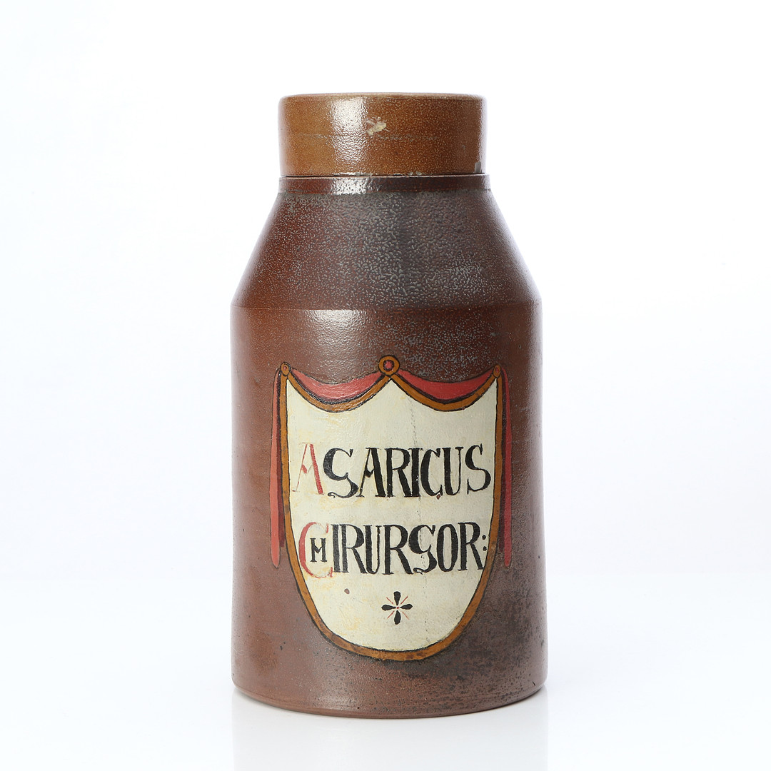 HÖGANÄS, APOTEKSKRUS. Glaserat stengods med bemålad dekor. 18/1900-tal.