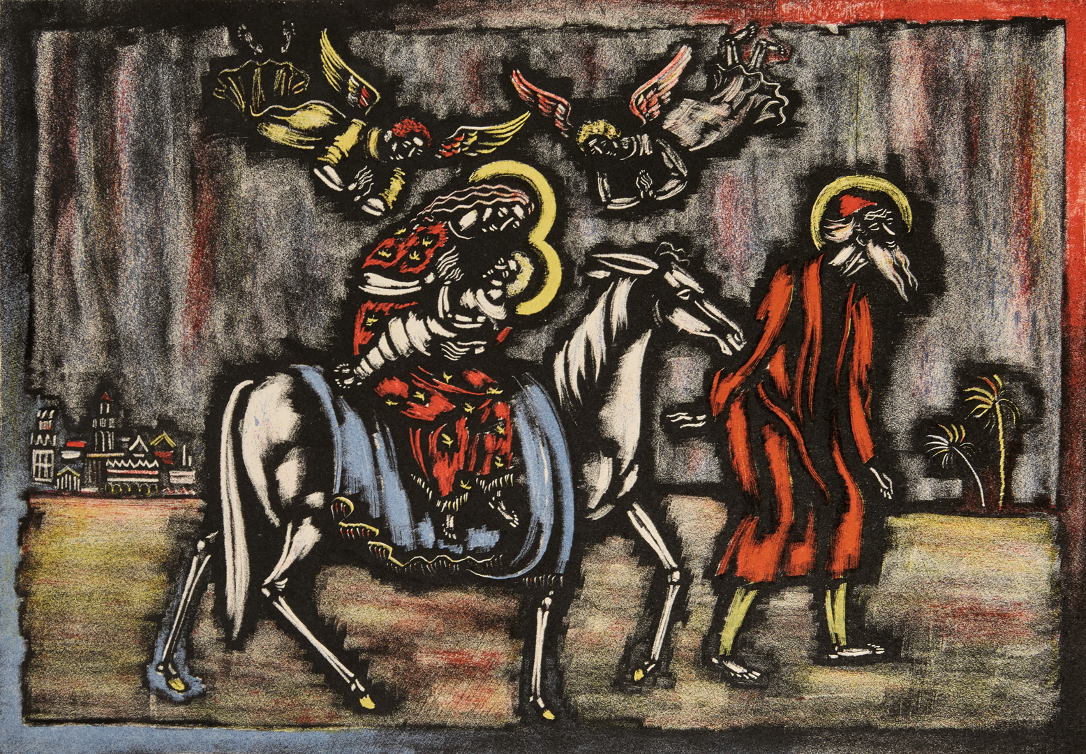 VYTAUTAS KASIULIS (Litauen, 1918-1995). Scen med Maria och Jesusbarnet, signerad och numrerad 43/210, grafiskt blad i färg.