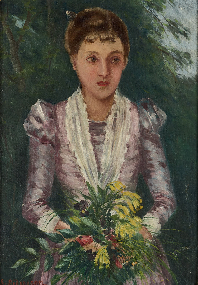 SOPHIE SÖDERGREN (1847-1923), Kvinna med bukett, signerad, olja på duk, pa papp-pannå.