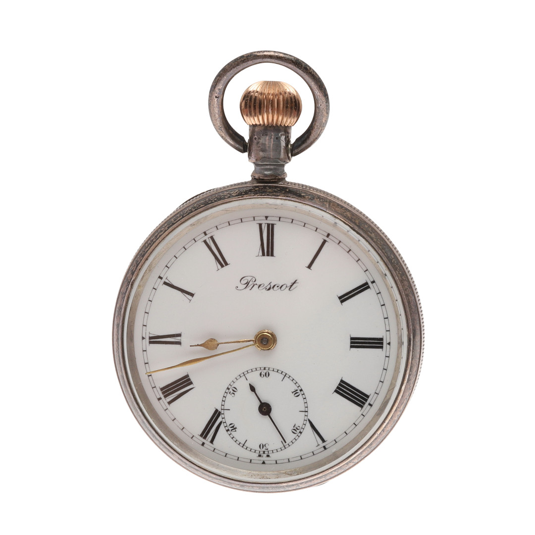 A SILVER OPEN FACE POCKET WATCH BY PRESCOT.