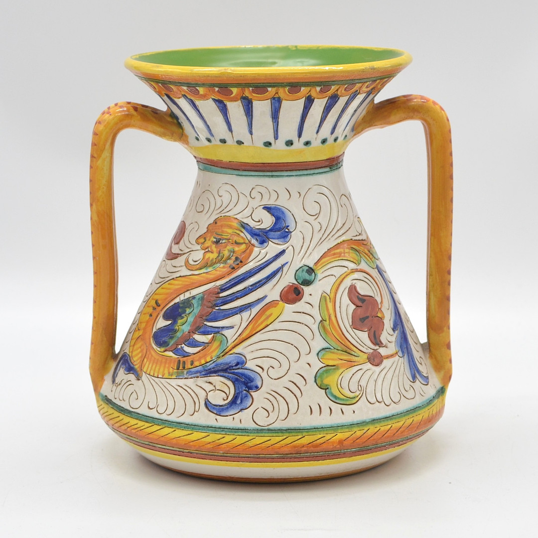 DERUTA, "G.F.", DOPPELHENKELVASE, "RAFFAELLESCO BELLISSIMO", KERAMIK, HANDBEMALT, ITALIEN, UM 1970ER.