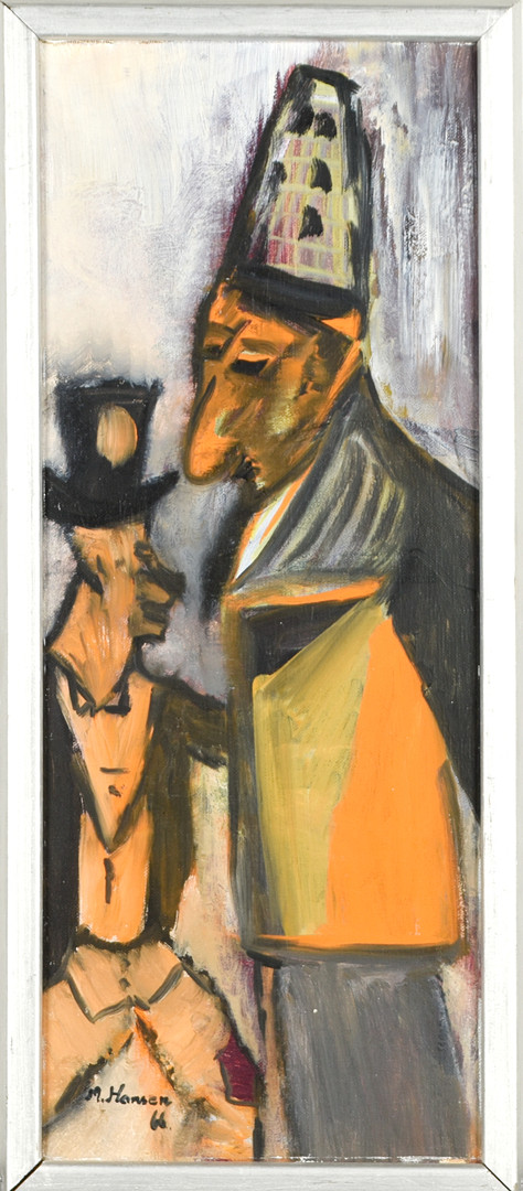 OIDENTIFIERAD KONSTNÄR. Olja på duk, Figurmotiv, Signerad: M.Hansén, Daterad 1966.