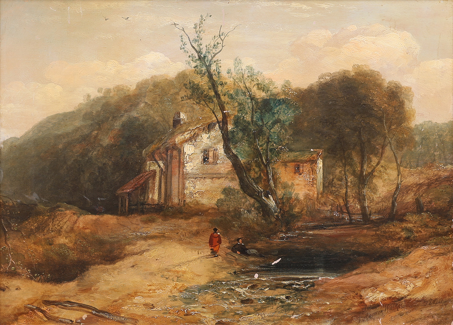JOHN RAWSON WALKER 1796-1873. OLJA PÅ DUK, LANDSKAP MED COTTAGE, SIGNERAD OCH DATERAD 1840.