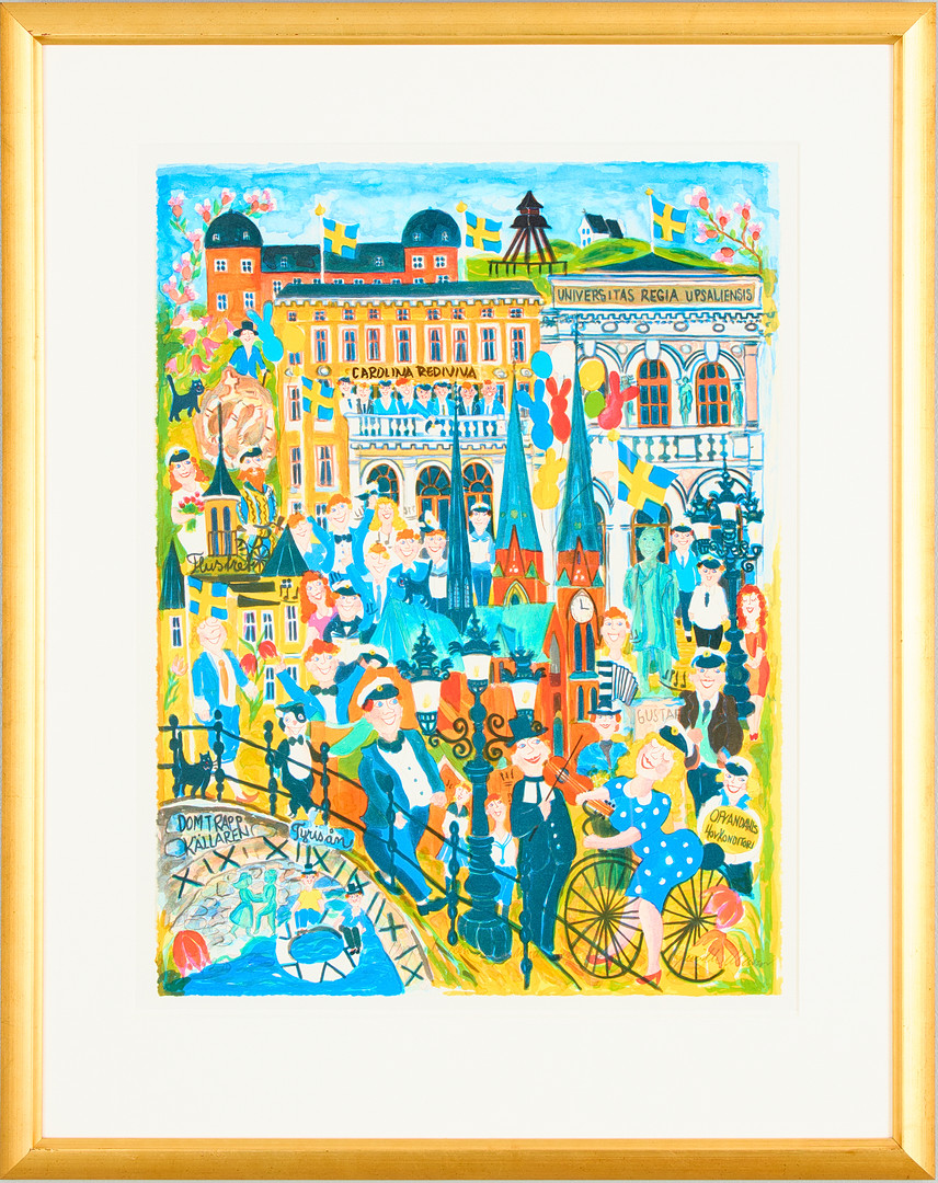 GUNILLA MANN. "Uppsala den eviga ungdomens stad". Färglitografi, signerad och numrerad 182/220.