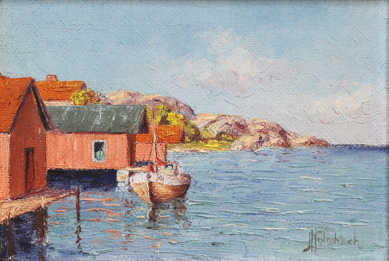 JOHAN INGJALD HOLMBÄCK 1893-1968. OLJA PÅ PANNÅ, KUSTMOTIV, SIGNERAD.