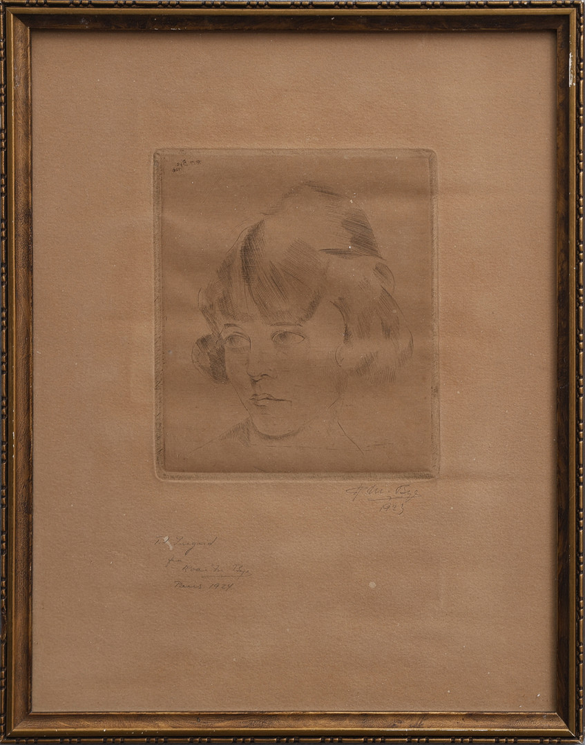 ROAR MATHESON BYE 1895-1987. TORRNÅL, PORTRÄTT AV INGRID JOHNSON, SIGNERAD OCH DATERAD 1923 MED DEDIKATION.