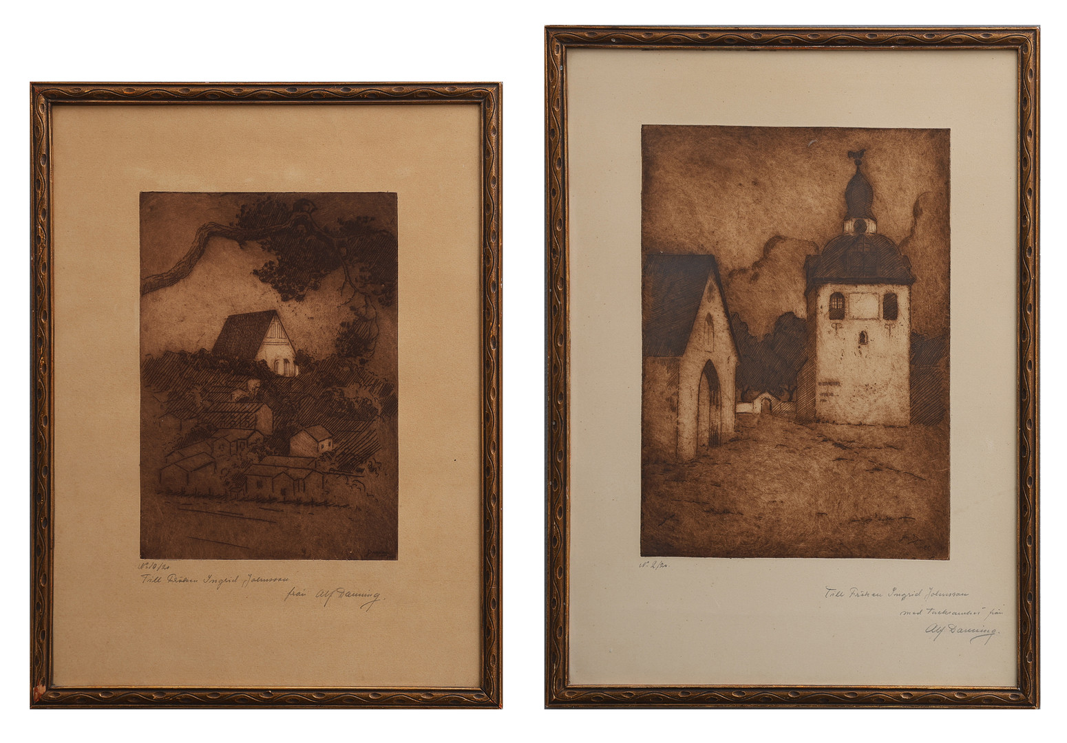 ALF DANNING 1893-1953. TVÅ ETSNINGAR, BORGÅ DOMKYRKA, SIGNERADE OCH DATERADE 1919 RESP 1920.