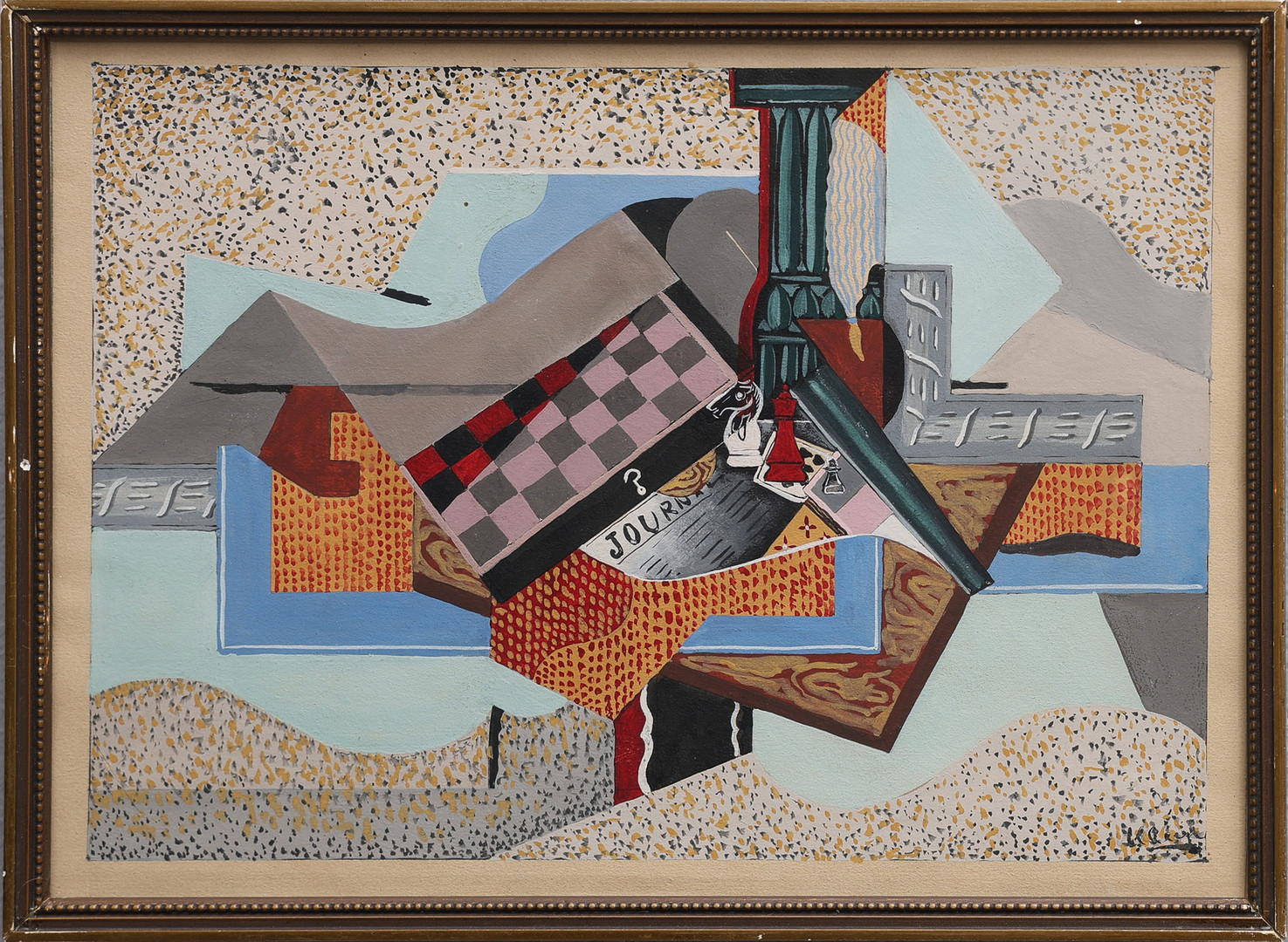 AUGUSTE CLERGÉ 1891-1963. GOUACHE PÅ PAPPER, KUBISTISK KOMPOSITION MED SCHACKBRÄDE, SIGNERAD.