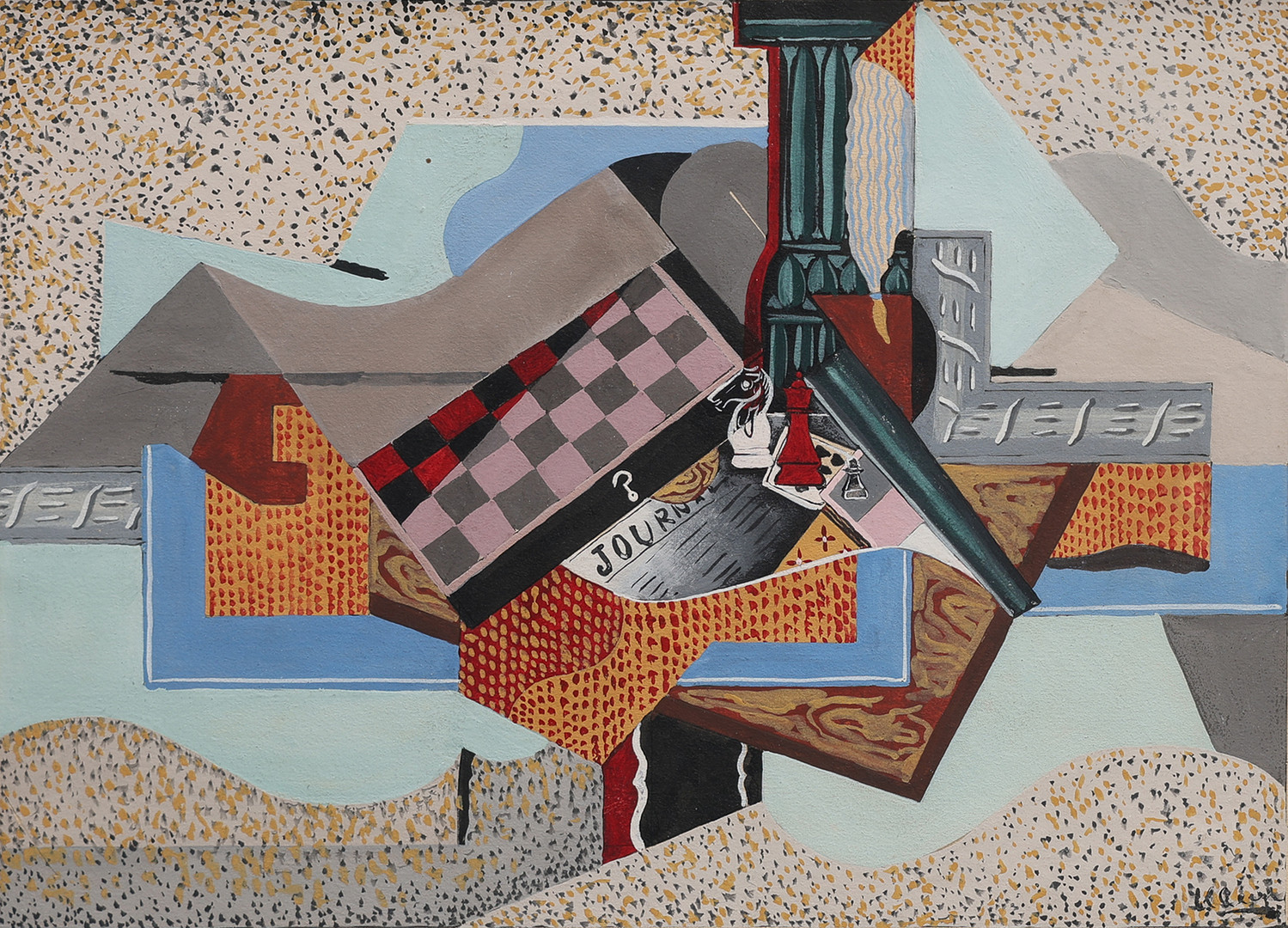 AUGUSTE CLERGÉ 1891-1963. GOUACHE PÅ PAPPER, KUBISTISK KOMPOSITION MED SCHACKBRÄDE, SIGNERAD.