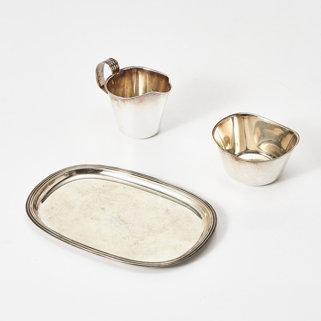 GRÄDDKANNA, SOCKERSKÅL, Gustaf Jansson CGH Stockholm 1958, BRICKA, CGH Stockholm 1958, silver.