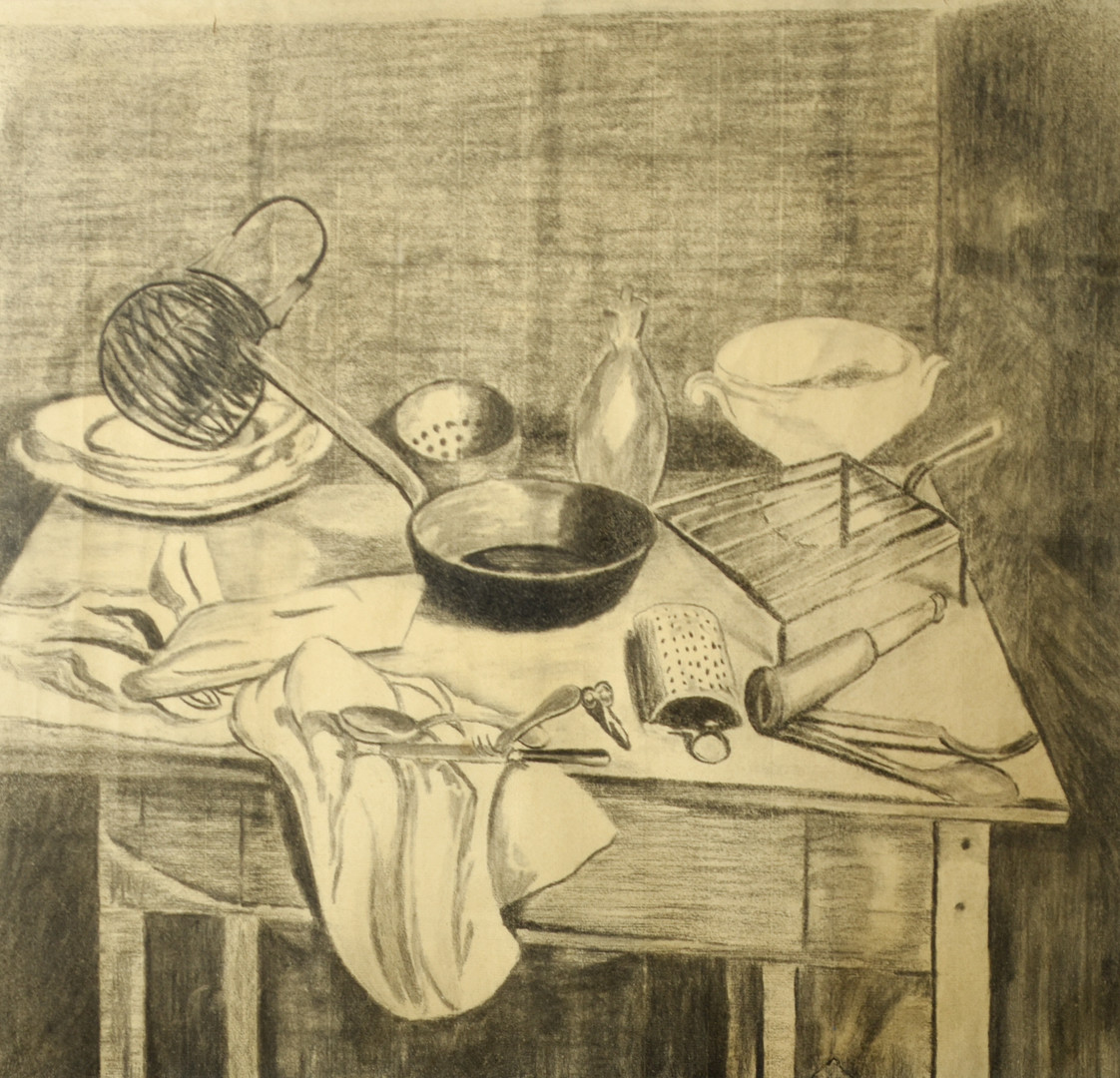 GUNNAR LARSSON. Kolteckning, Stilleben, Signerad: G.Larsson, 1957.