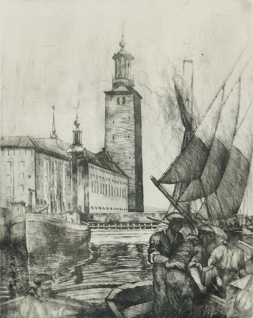 GASTON SMIDT (1898-1976). "Stadshuset Stockholm", signerad, etsning.