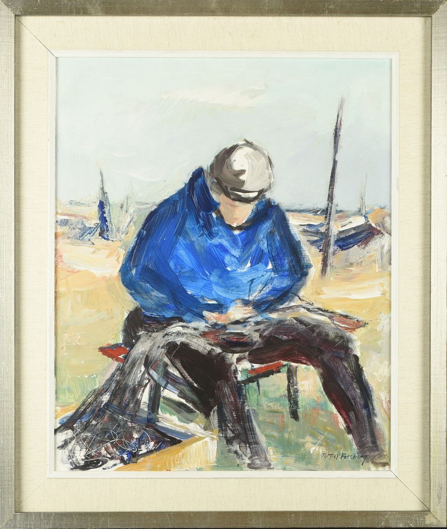 TORGNY FORSBERG. Olja på pannå, signerad, fiskaremotiv.