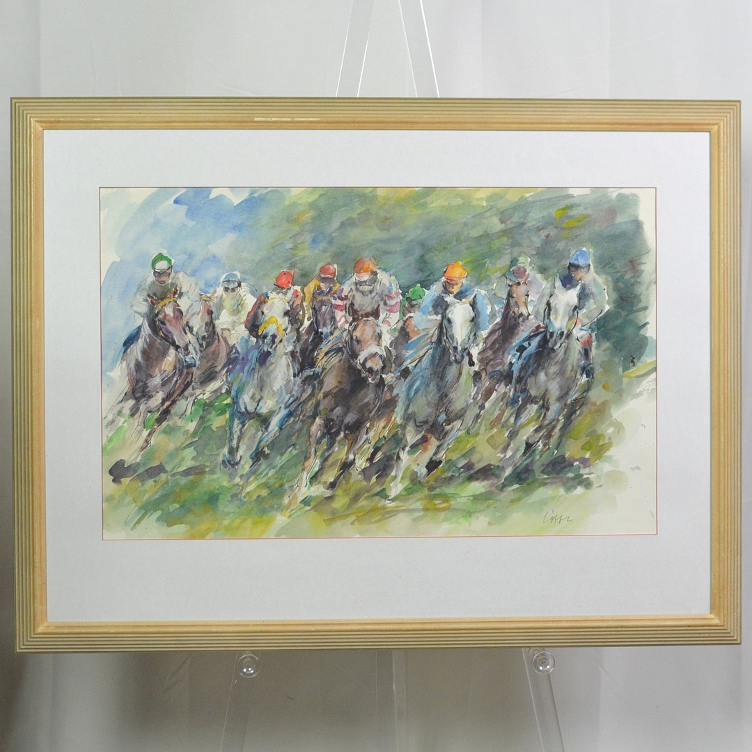 "LÖTTE", PFERDERENNEN, AQUARELL, IM STIL VON OTTO DILL, DEUTSCHLAND, 20. JAHRHUNDERT.