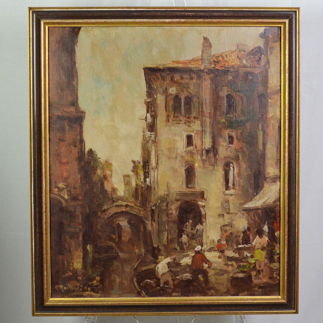 RICHARD REIBELING (1900-1976). VENEZIANISCHE STADTSZENE, ÖL AUF LEINWAND UND AUF PLATTE GEZOGEN, GERAHMT UND SIGNIERT, 20. JAHRHUNDERT.