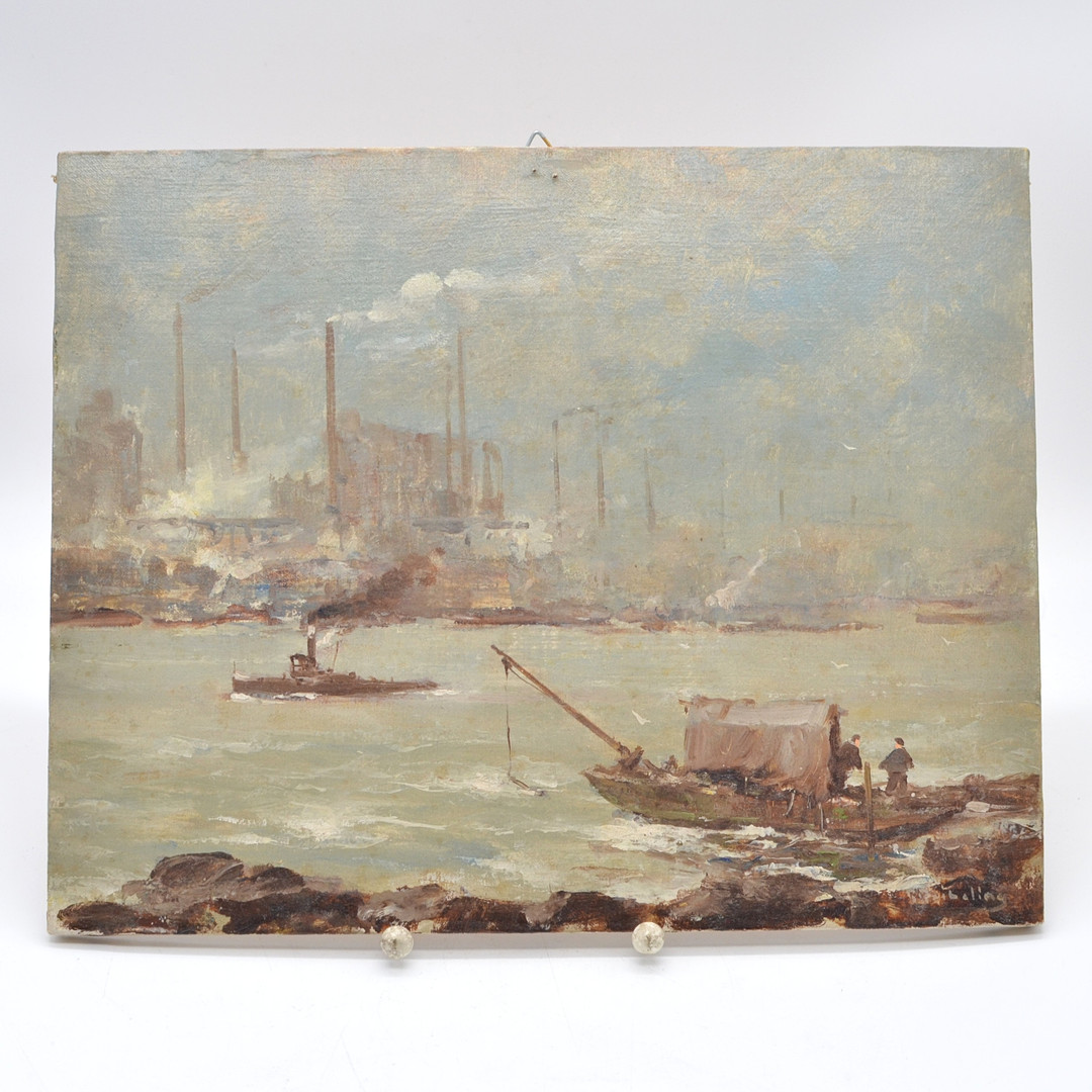 RICHARD REIBELING (1900-1976). HAFENSZENE MIT INDUSTRIEGEBÄUDEN, KLEINES GEMÄLDE, ÖL AUF LEINWAND UND AUF PLATTE GEZOGEN, 20. JAHRHUNDERT.