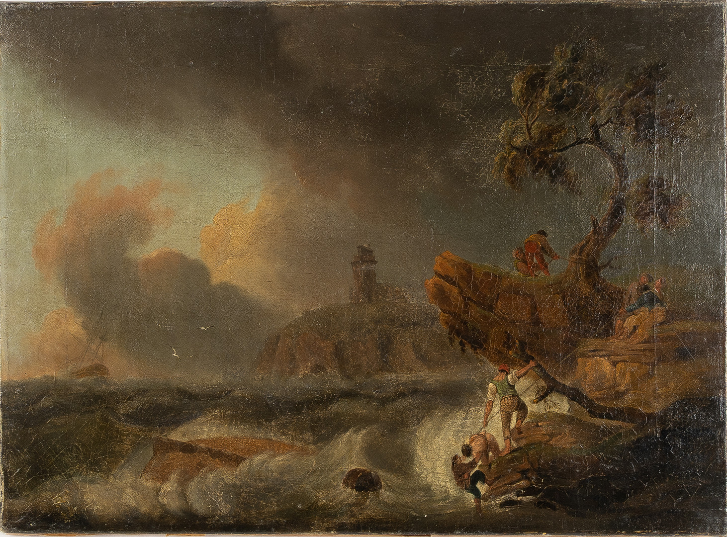 CLAUDE JOSEPH VERNET. HANS KRETS. Olja på duk, komposition med förlist skepp och stormigt hav, 1700-tal.